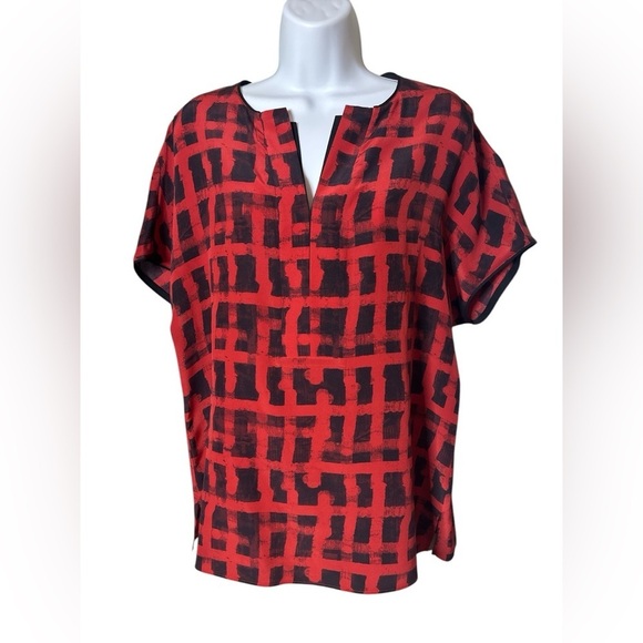 Lafayette 148 Womens 100% Silk Print Tunic Shirt Size S Red Black Short Sleeve - Picture 1 of 11